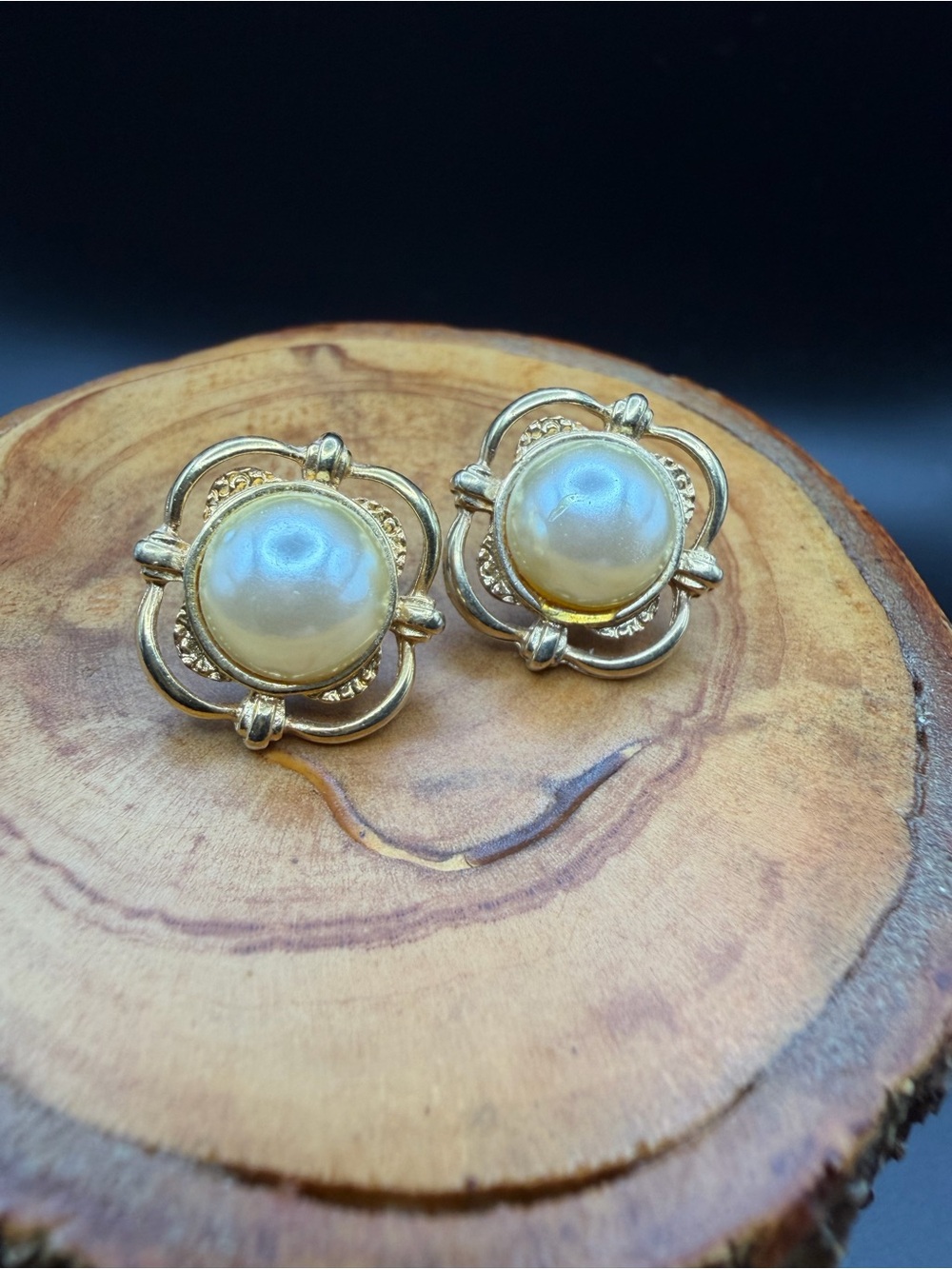 Gold-Tone Faux Pearl Button Earrings - Classic Cream Pearlescent